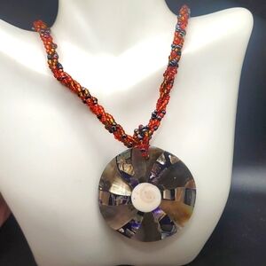 N3219 mother of‎ pearl ruby red seed beaded twist necklace stunning statement